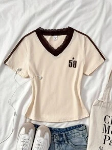 SHEIN Teen Girl Spring & Summer V-Neck Lace Splicing Casual Sports Knitted Solid Color BM Style Girl Digital Printing Short-Sleeved T-Shirt/Street Fashion Sports Slouchy Outing/ Casual/Summer/Summer Clothing/Summer Clothing/School Clothes