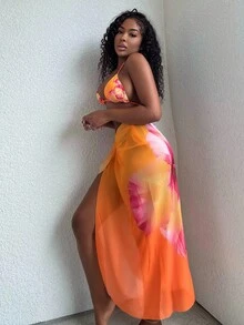 Alexandranx 3 件套女士夏季海滩装包括花卉印花 3D 上衣、系带比基尼泳裤和网眼裹身裙，波西米亚度假风格 - 彩色 - 查看 4