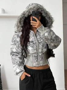 Coolane 女式冬季嬉皮乡村音乐会街头风格垃圾摇滚复古树枝图案温暖/寒冷天气/保暖加厚毛绒领拉链绗缝大衣