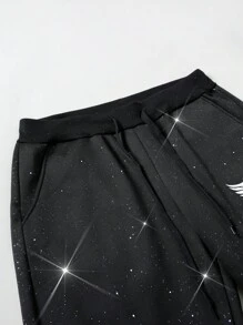 Manfinity Homme Men's Shiny Black Sweatpants With Wing & Crown Pattern - Black - View 4