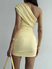 Aloruh Vestido Curto Amarelo Mulheres Sólido Franzido Bodycon, Verão, Roupas de Clube Mulheres Sexy