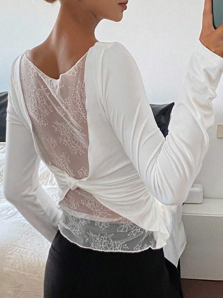 Women's Solid Color Contrast Lace Slim Fit White Long Sleeve Elegant Base Layer Top, Autumn/Winter