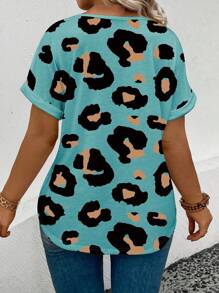 EMERY ROSE 大码女式休闲V领短袖卷边豹纹T恤 - 彩色 - 查看 2