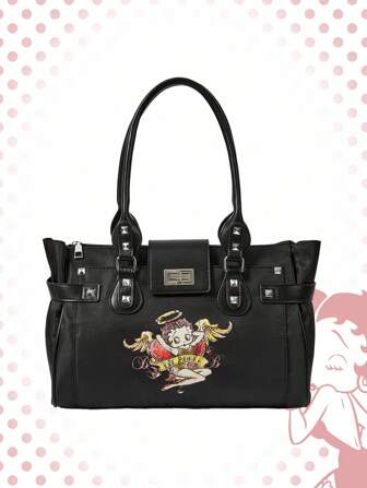 Betty Boop | ROMWE Women's Cartoon Figure Graphic Retro Y2K Rivet Versatile Commuting Large Capacity Tote Bag, New Arrival Tote Bags For Woman