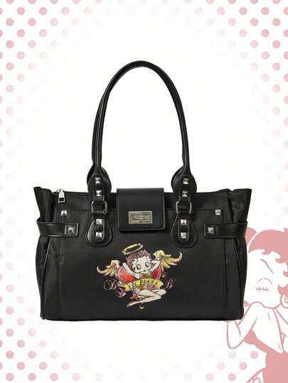 Betty Boop | ROMWE Women's Cartoon Figure Graphic Retro Y2K Rivet Versatile Commuting Large Capacity Tote Bag, New Arrival Tote Bags For Woman , Office Bag
