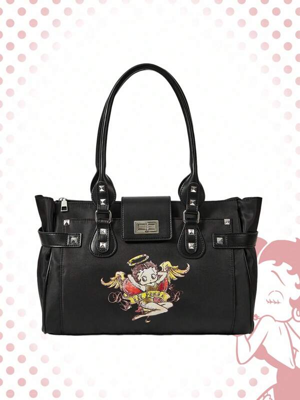 Betty Boop | ROMWE Women's Cartoon Figure Graphic Retro Y2K Rivet Versatile Commuting Large Capacity Tote Bag, New Arrival Tote Bags For Woman , Office Bag
