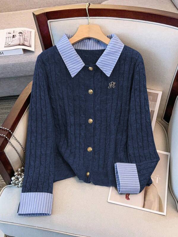 Regalyn Plus Size Sweater Shirt Collar Turnup Cuff Button Cardigan Patchwork Sweater Two Pieces Set Fall Winter Cloth For Women Autumn