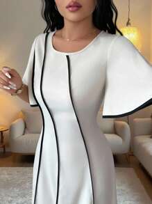 Rafferiza 女士常规夏季新款圆领短袖连衣裙，黑色撞色条纹拼接，收腰，优雅长裙，适合外出、家庭聚会，百搭 - 彩色 - 查看 3