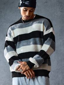 ROMWE MEN Street Life Men's Striped Crew Neck Drop Shoulder Casual Sweater