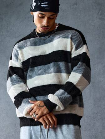 Street Life Men's Striped Crew Neck Drop Shoulder Casual Sweater