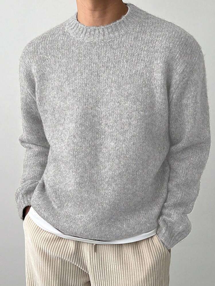 Men Solid Color Casual Everyday Simple Versatile Loose Drop Shoulder Sweater, For Autumn