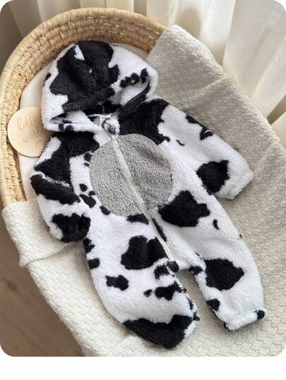 Newborn Baby Boy/Girl 2 Pieces Outfit, Warm & Soft Plush Fabric, Cute Cow Print, Contrast Color, Zip-Up Hoodie & Loose Fit Pants, All-Match & Versatile, Suitable For Outdoor Snow Play & Indoor Wear
