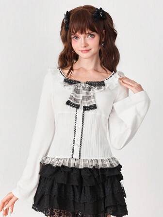 EDITION Camiseta de manga larga con cuello cuadrado, decoración de lazo y estilo universitario a cuadros para mujer, otoño/invierno