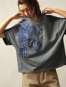 Bohemela 柔软度假图案纯色针织圆领宽松水洗女式 T 恤，夏季 - 灰色 - 查看 5