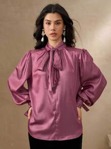 DAZY Women's Elegant Commuter Solid Color Tie Collar Blouse,Fall Women Clothes Long Sleeve Top - Purple - View 4