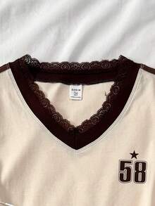 SHEIN Teen Girl Spring & Summer V-Neck Lace Splicing Casual Sports Knitted Solid Color BM Style Girl Digital Printing Short-Sleeved T-Shirt/Street Fashion Sports Slouchy Outing/ Casual/Summer/Summer Clothing/Summer Clothing/School Clothes