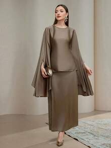 Veilorie Women's Solid Color Poncho Top & Skirt Arabic Style Set Elegant Two Piece Set Modest Two Piece Set Dress Modest