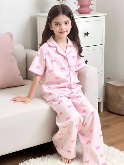 2件套女孩条纹蝴蝶结图案短袖开衫上衣和裤子舒适睡衣套装