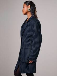 COSMINA 女士条纹翻领长袖夹克和迷你裙休闲套装，秋冬女士办公室服装 - 黑與白 - 查看 5