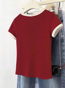 女式休闲撞色镶边红色短袖T恤，夏季