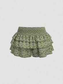 Sweetra Women's Fashion Multi-Layer Ruffle Floral Print Culottes - Olive Green - View 2