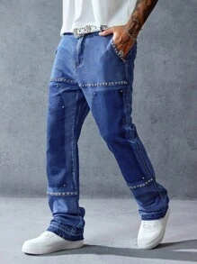 ROMWE MEN Street Life 男士休闲修身牛仔裤，带口袋和铆钉设计 - 藍色 - 查看 3