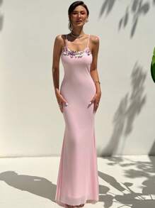 Aloruh Nuevo vestido de verano con tirantes de espagueti de malla verde y aplicaciones, ajustado para mujer - Verde - Ver 3