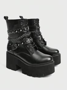 Sugerpunk 女式新款金属链厚底侧拉链时尚8厘米高跟马靴 - 黑色 - 查看 2