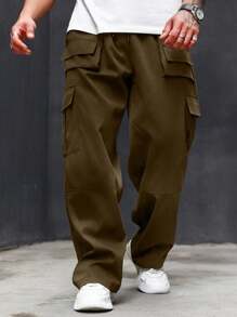 Manfinity Homme 男士加大码纯色抽绳工装裤，带口袋，休闲风格，黑色工装裤，黑色工装裤，男士黑色工装裤，宽松工装裤，秋季 - 摩卡棕 - 查看 1