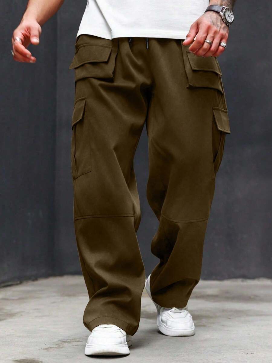 Manfinity Homme 男士加大码纯色抽绳工装裤，带口袋，休闲风格，黑色工装裤，黑色工装裤，男士黑色工装裤，宽松工装裤，秋季 - 摩卡棕 - 查看 1