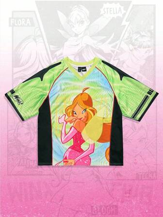 Winx Club X ROMWE Camisa polo de manga corta con cuello en V y gráfico de figura de dibujos animados para hombres