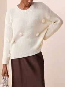 Zivah New Year Holiday, New Autumn And Winter, Christmas Casual Daily Date, Internet Celebrity Bestsellers, Street Daily Commuting Office Clothing, Sweet And Ladylike Ladies' Winter Outfits, Return To School Business Casual Women's Wear, Round-Neck Long-Sleeved, Three-Dimensional Flower Decoration, Diamond-Shaped Pattern Woolen Pullover, White Apricot Women's Sweater