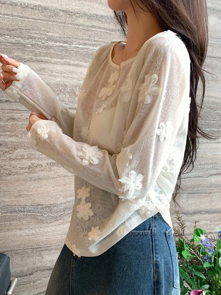 Embroidered Floral Sheer Long Sleeve T-Shirt, Women's Cover Up With Design