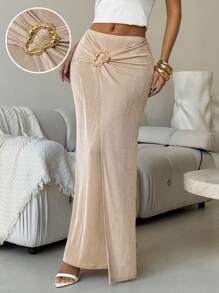 Lavishia 杏色金属闪光弹力高腰 A 字裙，时尚休闲街头时尚，影响者