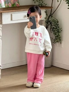 女婴日常休闲蝴蝶结印花圆领运动衫和裤子套装 - 彩色 - 查看 7