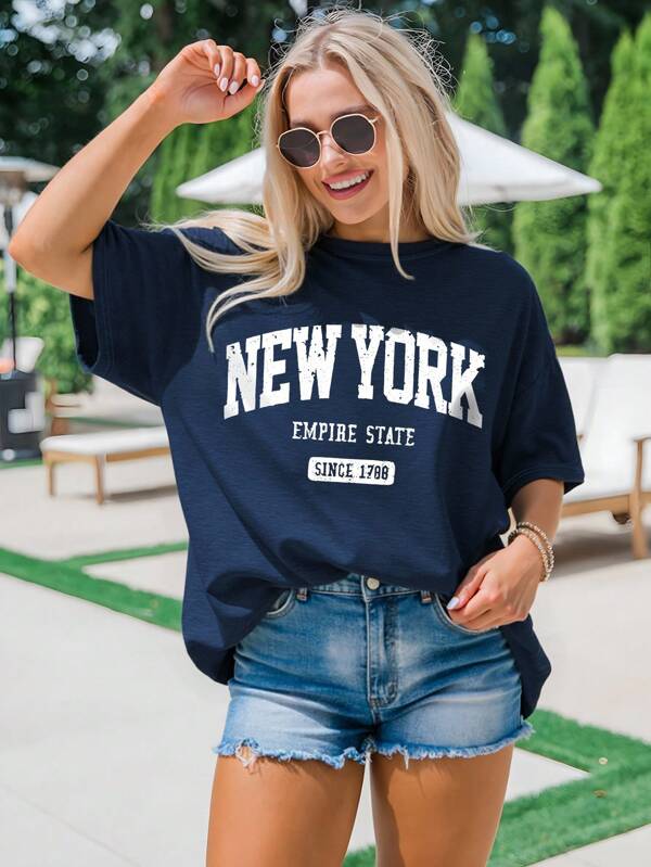 ReShift Plus-size dames casual los New York-letterprint ronde hals middellange korte mouwen T-shirt