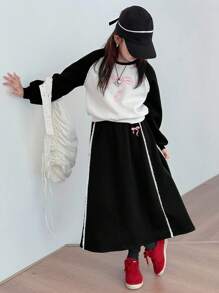 DAZY 女童针织羊毛圆领插肩袖卫衣+裙子两件套，时尚舒适，秋冬 - 黑與白 - 查看 3