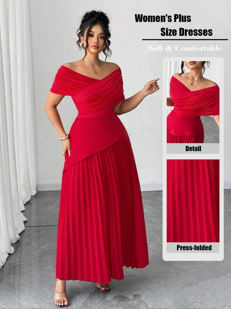 Elenzga Vestido de verano elegante y romántico de hombros descubiertos para mujer de talla grande - Rojo - Añade 3
