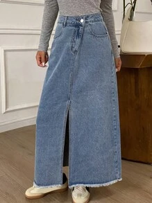 Livesso 女士夏季毛边宽松休闲牛仔半身裙 - 藍色 - 查看 4