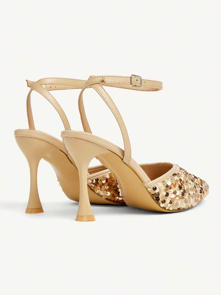 CUCCOO CHICEST Scarpin Feminino de Salto Alto Bico Fino com Tela de Paetês Dourados