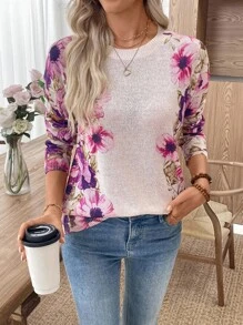 SHEIN LUNE Neu Vintage-inspirierter Farbdruck Rundhals leicht luftiger gestrickter Damen-Pullover, frisch und stylish für Frühling/Sommer - Aprikosenfarben - Übersicht 6