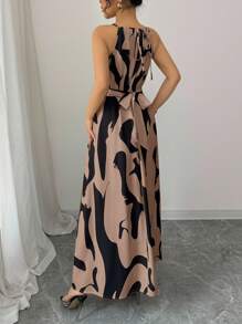 Selianne 女式优雅露肩露肩褶饰扭纹设计黑白不对称印花 A 字长裙，春夏 - 卡其色 - 查看 2