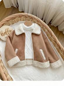 SHEIN Chaqueta térmica forrada con parches linda para niña, versátil para otoño/invierno - Caqui - Ver 2