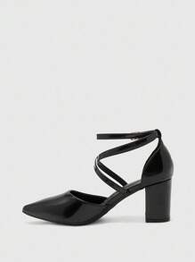 CUCCOO BIZCHIC Women's Fashion Black Ankle Strap Criss-Cross Pointed Toe Thick High Heel Pumps, Suitable For Commuting, Dating, Party, Shopping For Christmas - Black - View 9