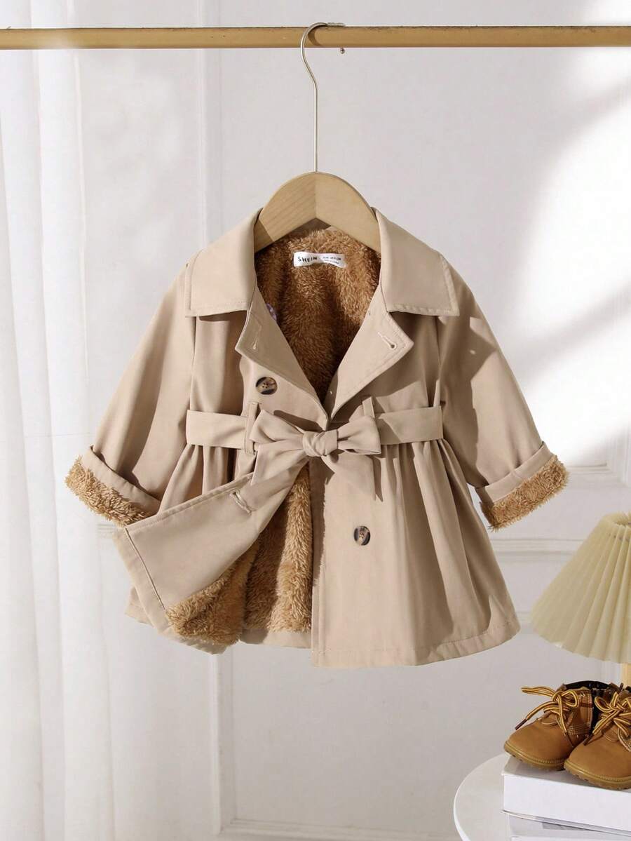 SHEIN Baby Girl Cute Simple Khaki Color Thermal Lined Long Coat With Lapel, Fall Winter
