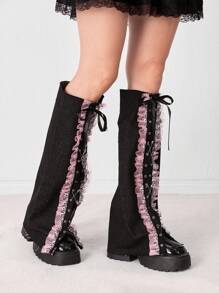 ROMWE Grunge Punk 1 双朋克摇滚豹纹安全别针装饰腿套，Y2K 风格系带蕾丝边纯黑色及膝腿套，个性化修身，适合日常、节日和派对