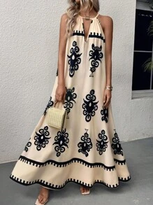 EMERY ROSE 女式波西米亚无袖细肩带连衣裙，印花露背飘逸 A 字形海滩度假礼服，夏季长款细肩带女士连衣裙 - 彩色 - 查看 6