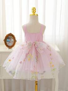 SHEIN Glamorique Kids 女婴无袖白色刺绣薄纱连衣裙，带蝴蝶结露背蓬松裙，适合生日派对、婚礼、节日、舞台表演、拍照、日常穿着 - 西瓜粉 - 查看 2