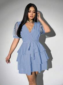 Viva Relle Plus Size Women's Summer Sexy Vacation Elegant Elegant Deep V-Neck Polka Dot Splice Mesh Sheer Puff Sleeve Multi-Layer Ruffle Hem Belted Maxi Dress