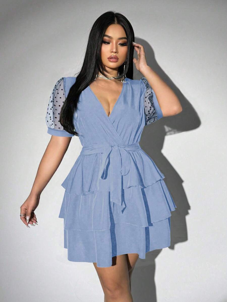 Viva Relle Plus Size Women's Summer Sexy Vacation Elegant Elegant Deep V-Neck Polka Dot Splice Mesh Sheer Puff Sleeve Multi-Layer Ruffle Hem Belted Maxi Dress